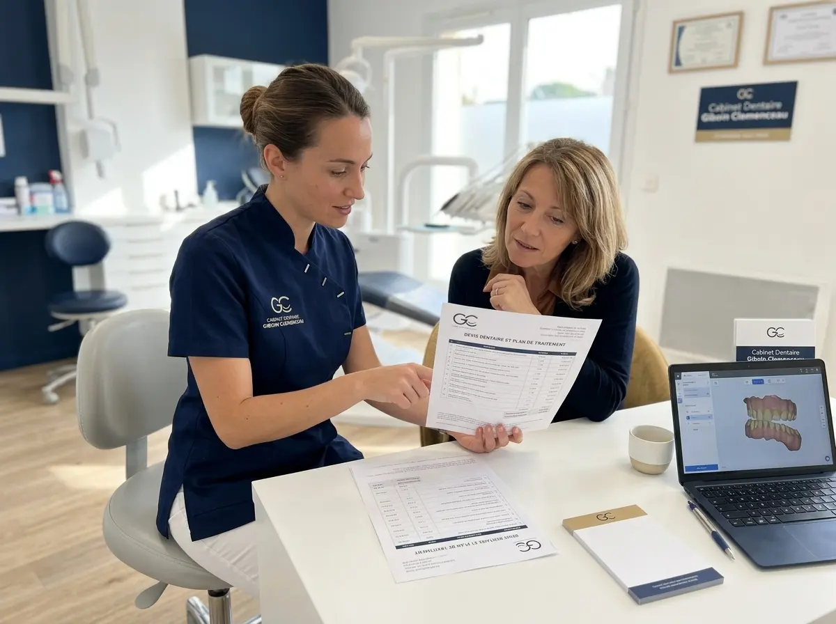 Dentiste expliquant un devis et un plan de traitement